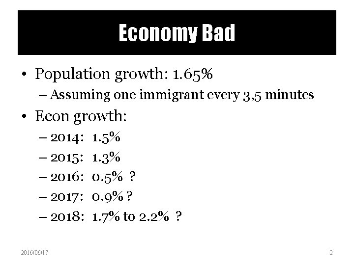 Economy Bad • Population growth: 1. 65% – Assuming one immigrant every 3, 5