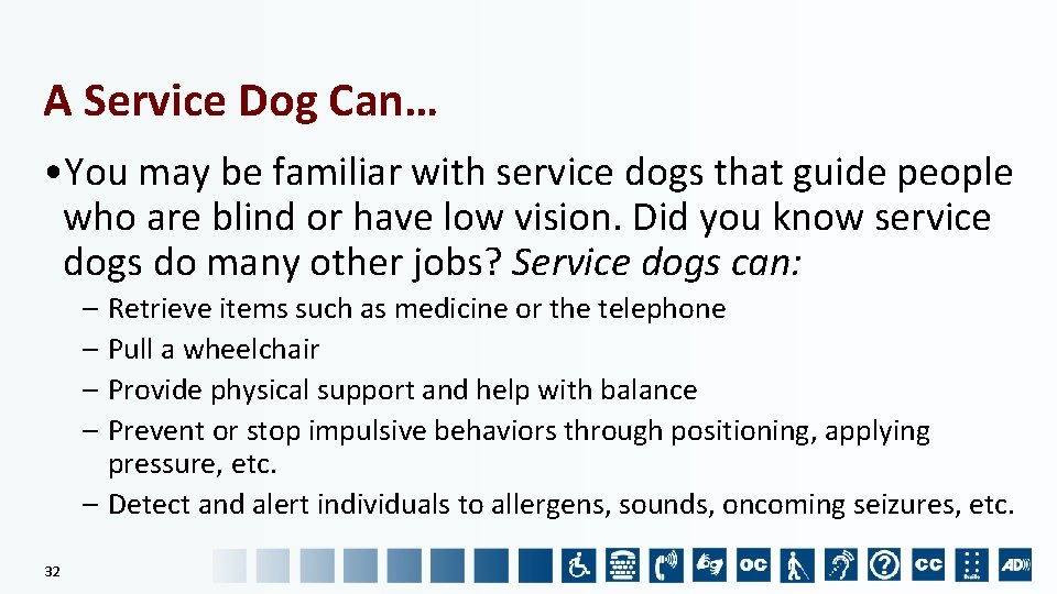 A Service Dog Can… • You may be familiar with service dogs that guide