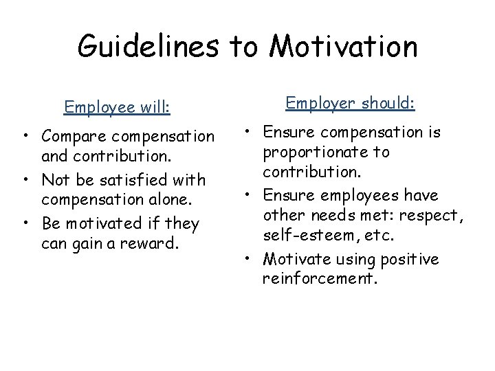 Guidelines to Motivation Employee will: Employer should: • Compare compensation and contribution. • Not