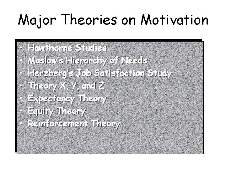 Major Theories on Motivation • • Hawthorne Studies Maslow’s Hierarchy of Needs Herzberg’s Job