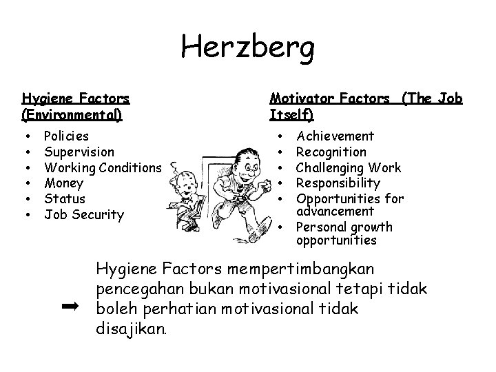 Herzberg Hygiene Factors (Environmental) • • • Policies Supervision Working Conditions Money Status Job