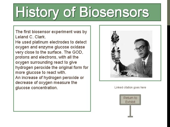 History of Biosensors The first biosensor experiment was by Leland C. Clark. He used