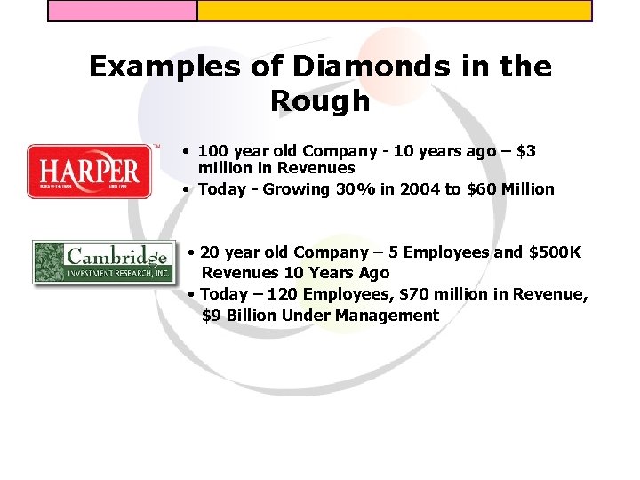 Examples of Diamonds in the Rough • 100 year old Company - 10 years