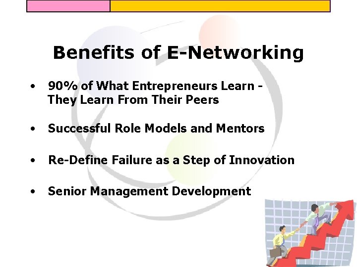 Benefits of E-Networking • 90% of What Entrepreneurs Learn They Learn From Their Peers