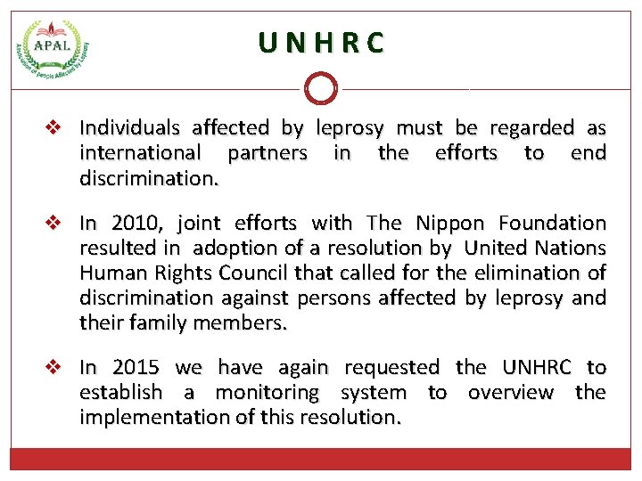 UNHRC v Individuals affected by leprosy must be regarded as international partners discrimination. in