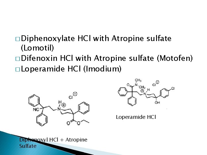 � Diphenoxylate HCl with Atropine sulfate (Lomotil) � Difenoxin HCl with Atropine sulfate (Motofen)