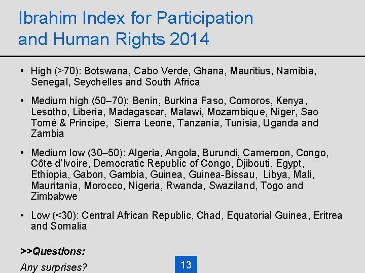 Ibrahim Index for Participation and Human Rights 2014 • High (>70): Botswana, Cabo Verde, Ibrahim Index for Participation and Human Rights 2014 • High (>70): Botswana, Cabo Verde,