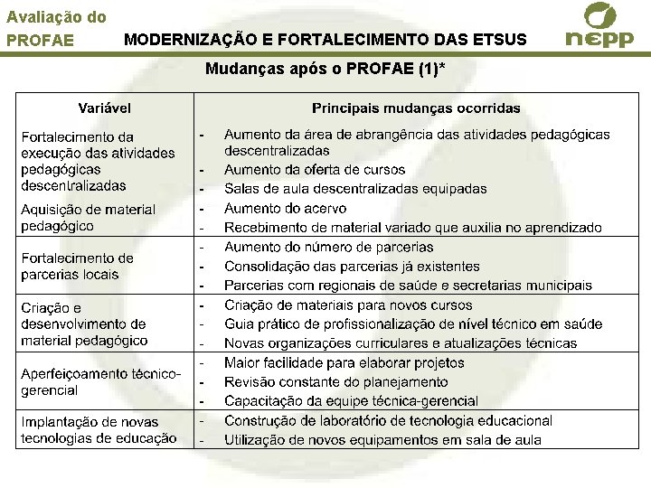 Avaliação do PROFAE MODERNIZAÇÃO E FORTALECIMENTO DAS ETSUS Mudanças após o PROFAE (1)* 