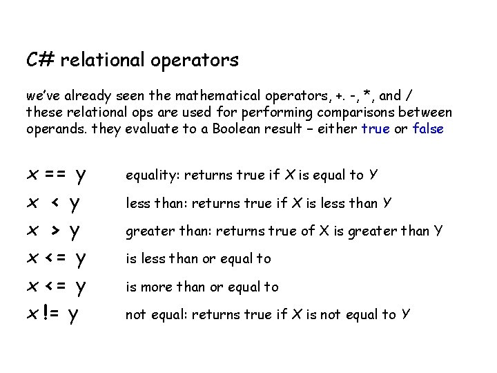 C# relational operators we’ve already seen the mathematical operators, +. -, *, and / C# relational operators we’ve already seen the mathematical operators, +. -, *, and /