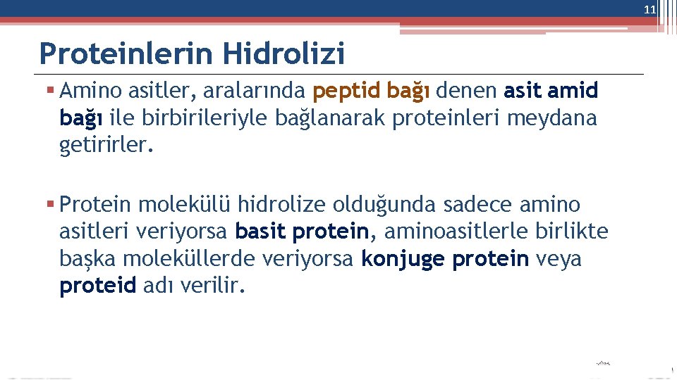 11 Proteinlerin Hidrolizi Amino asitler, aralarında peptid bağı denen asit amid bağı ile birbirileriyle