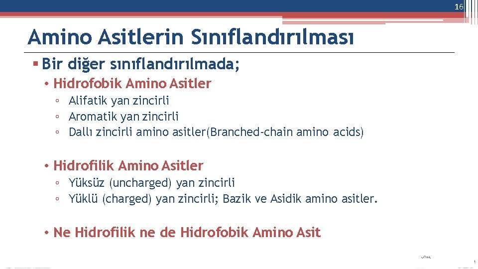 16 Amino Asitlerin Sınıflandırılması Bir diğer sınıflandırılmada; • Hidrofobik Amino Asitler ◦ Alifatik yan