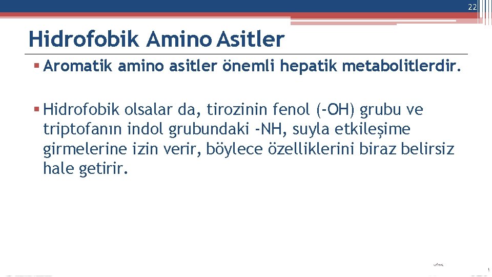 22 Hidrofobik Amino Asitler Aromatik amino asitler önemli hepatik metabolitlerdir. Hidrofobik olsalar da, tirozinin