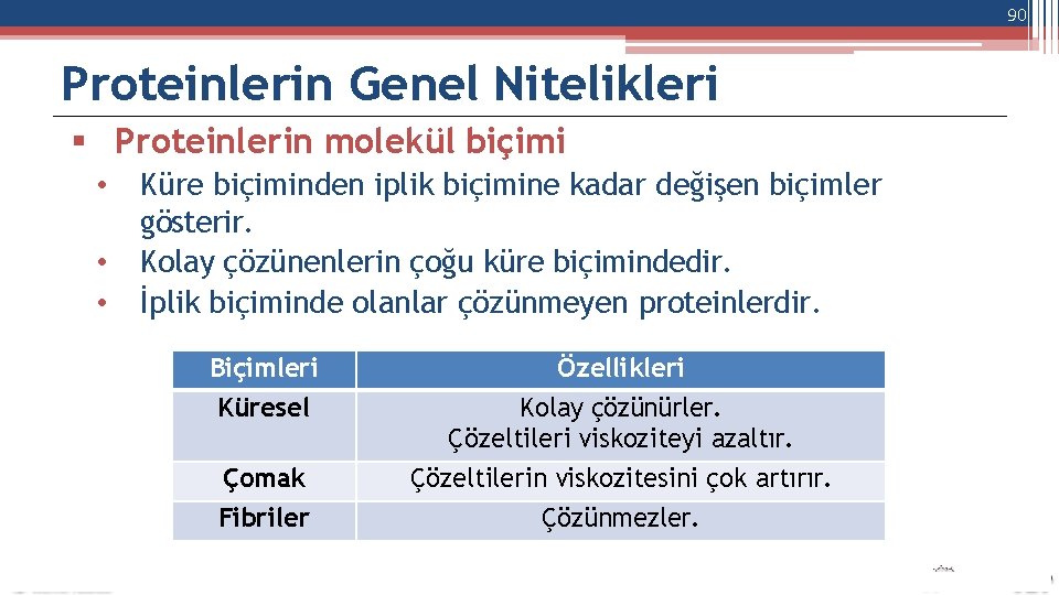 90 Proteinlerin Genel Nitelikleri Proteinlerin molekül biçimi • • • Küre biçiminden iplik biçimine