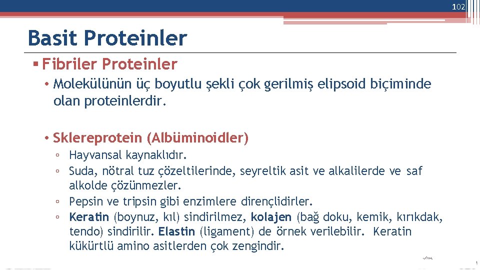 102 Basit Proteinler Fibriler Proteinler • Molekülünün üç boyutlu şekli çok gerilmiş elipsoid biçiminde