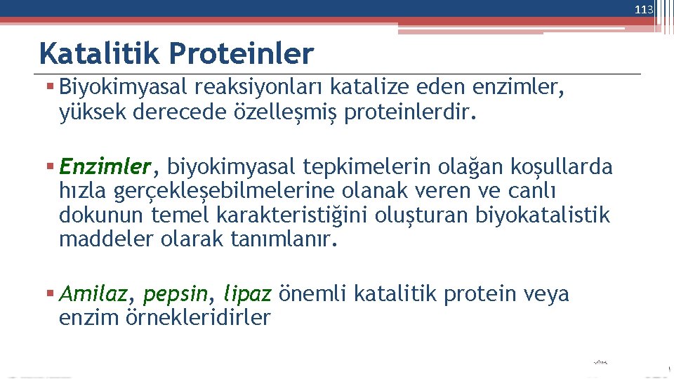 113 Katalitik Proteinler Biyokimyasal reaksiyonları katalize eden enzimler, yüksek derecede özelleşmiş proteinlerdir. Enzimler, biyokimyasal