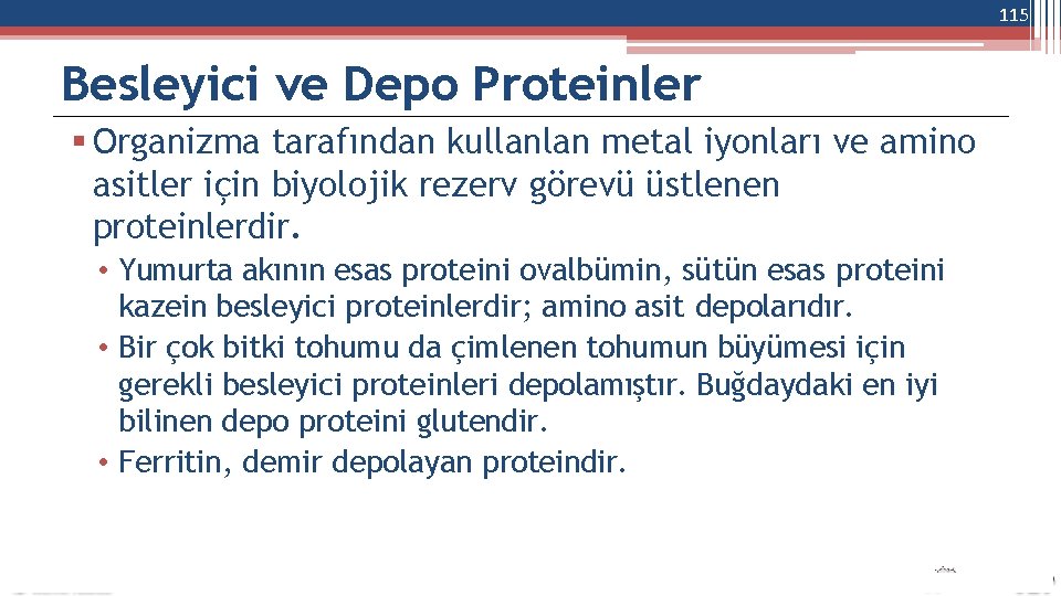 115 Besleyici ve Depo Proteinler Organizma tarafından kullanlan metal iyonları ve amino asitler için