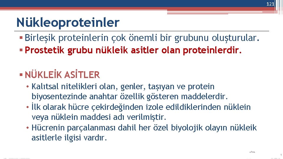 121 Nükleoproteinler Birleşik proteinlerin çok önemli bir grubunu oluşturular. Prostetik grubu nükleik asitler olan