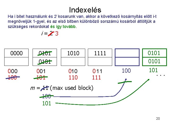 Indexelés Ha i bitet használunk és 2 i kosarunk van, akkor a következő kosárnyitás