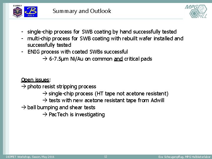 Summary and Outlook - single-chip process for SWB coating by hand successfully tested -