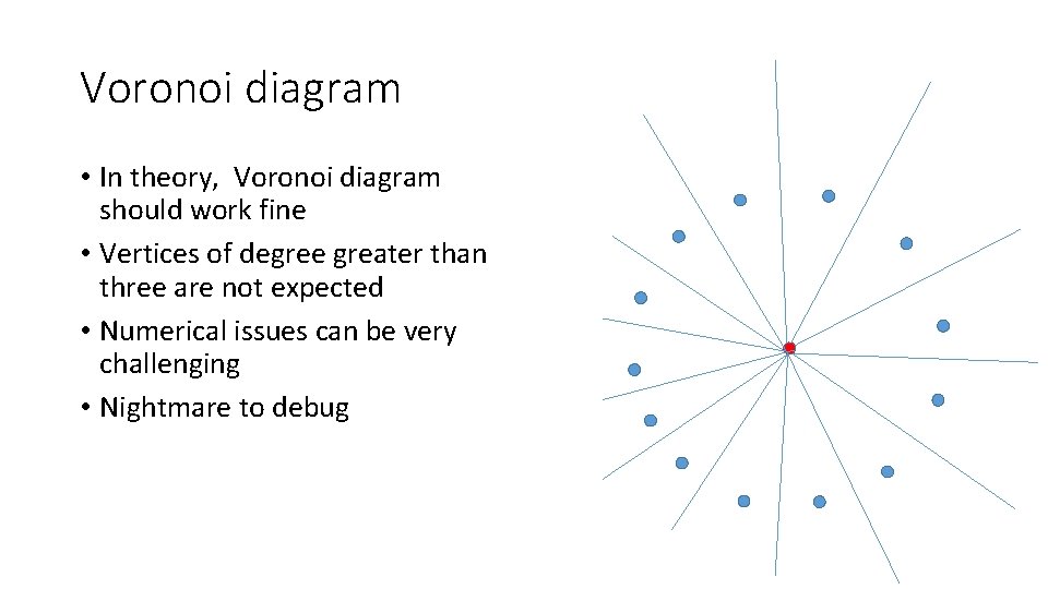 Voronoi diagram • In theory, Voronoi diagram should work fine • Vertices of degree Voronoi diagram • In theory, Voronoi diagram should work fine • Vertices of degree
