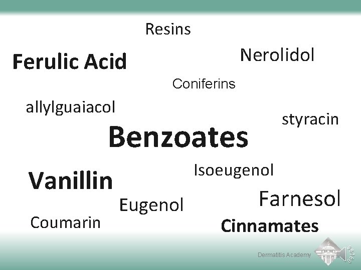 Resins Nerolidol Ferulic Acid Coniferins allylguaiacol styracin Benzoates Vanillin Coumarin Isoeugenol Eugenol Farnesol Cinnamates