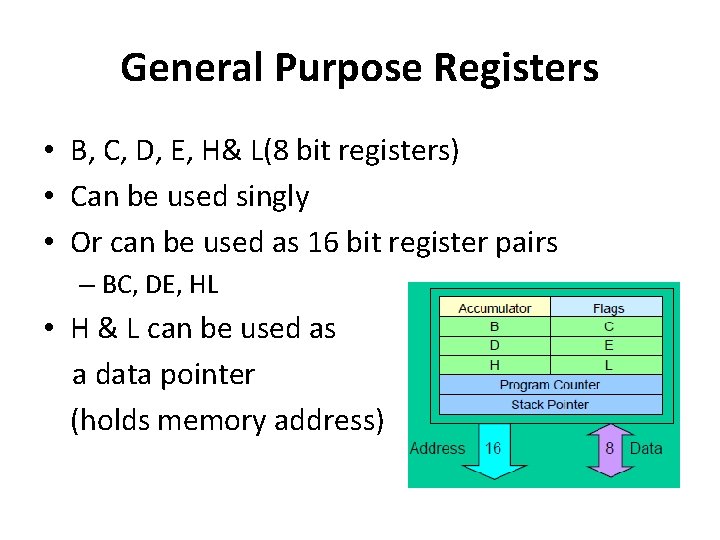 General Purpose Registers • B, C, D, E, H& L(8 bit registers) • Can General Purpose Registers • B, C, D, E, H& L(8 bit registers) • Can