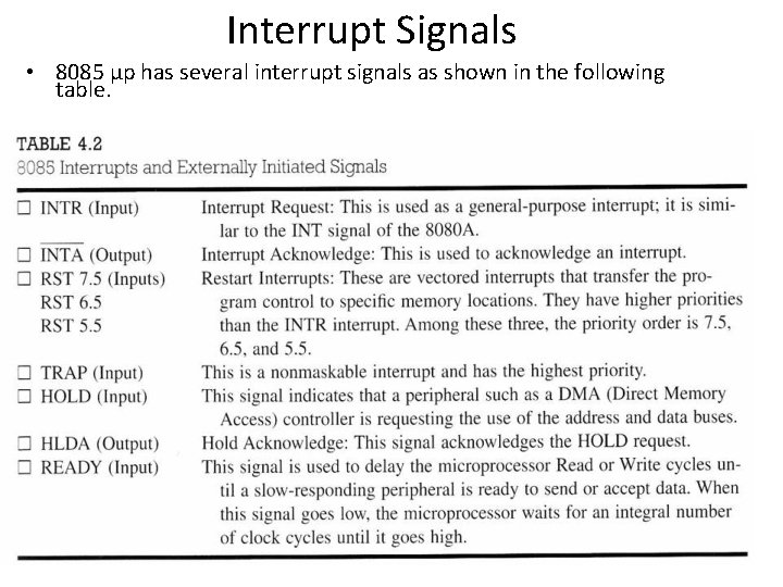 Interrupt Signals • 8085 μp has several interrupt signals as shown in the following Interrupt Signals • 8085 μp has several interrupt signals as shown in the following
