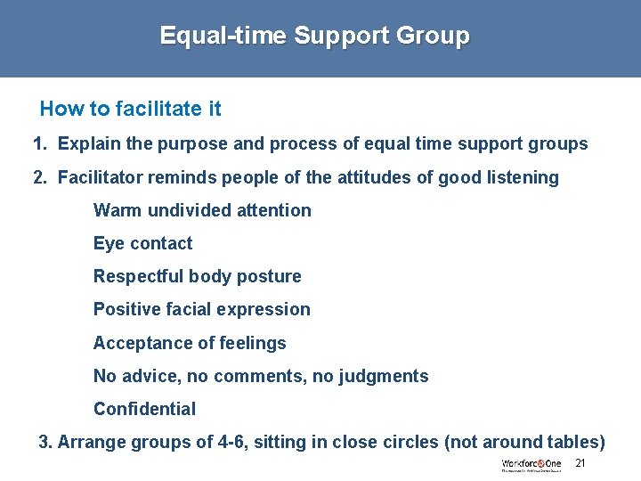 Equal-time Support Group How to facilitate it 1. Explain the purpose and process of