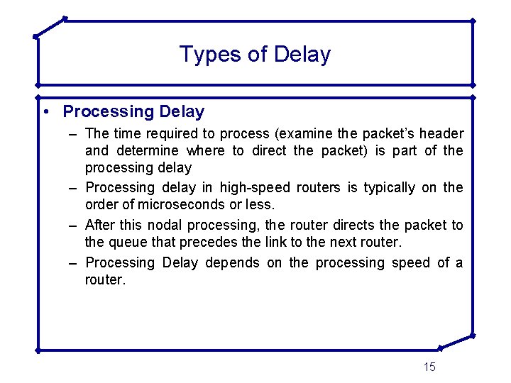 Types of Delay • Processing Delay – The time required to process (examine the