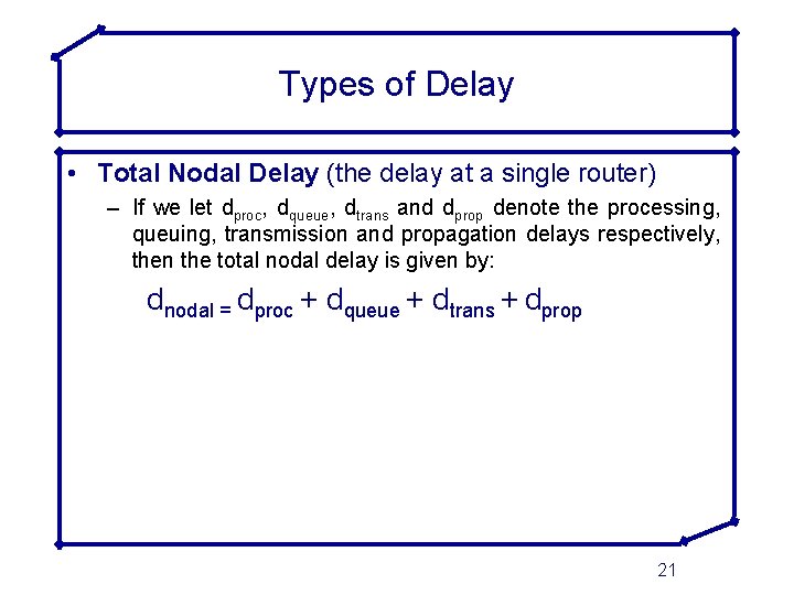 Types of Delay • Total Nodal Delay (the delay at a single router) –