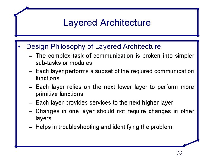 Layered Architecture • Design Philosophy of Layered Architecture – The complex task of communication