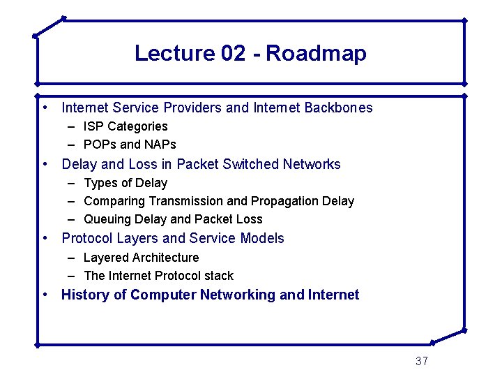 Lecture 02 - Roadmap • Internet Service Providers and Internet Backbones – ISP Categories