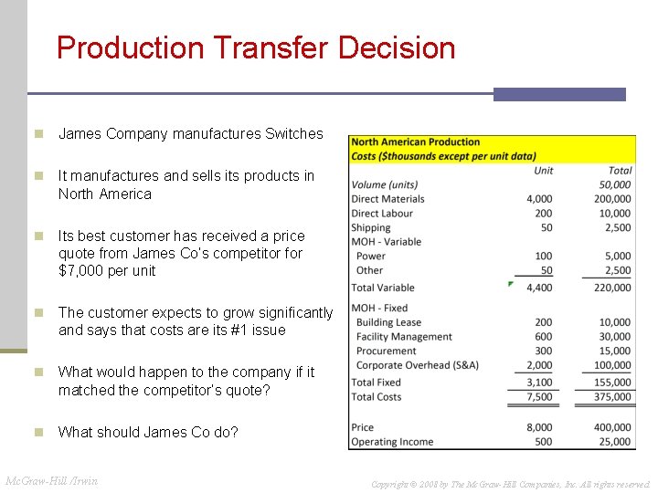 Production Transfer Decision n James Company manufactures Switches n It manufactures and sells its