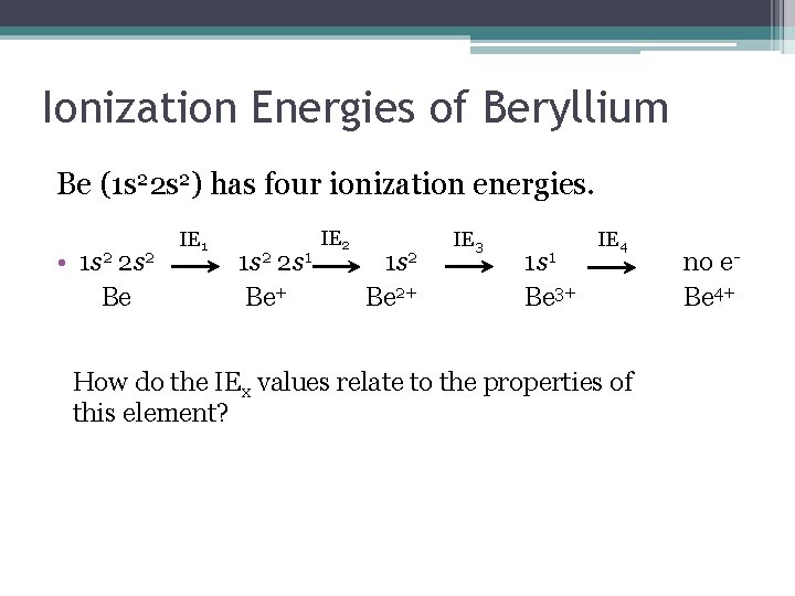 Ionization Energies of Beryllium Be (1 s 22 s 2) has four ionization energies.