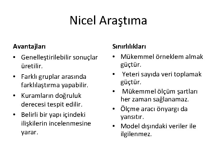 Nicel Araştıma Avantajları • Genelleştirilebilir sonuçlar üretilir. • Farklı gruplar arasında farklılaştırma yapabilir. •
