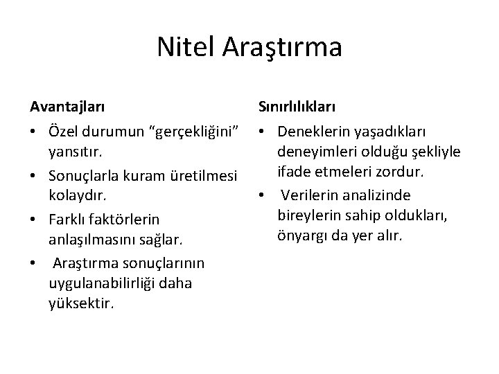 Nitel Araştırma Avantajları Sınırlılıkları • Özel durumun “gerçekliğini” yansıtır. • Sonuçlarla kuram üretilmesi kolaydır.