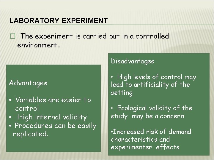 LABORATORY EXPERIMENT � The experiment is carried out in a controlled environment. Disadvantages Advantages