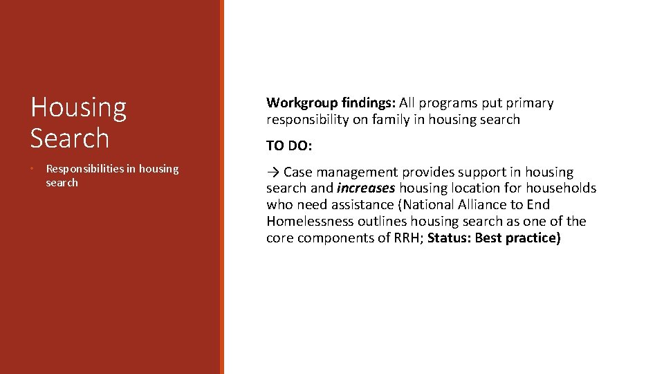 Housing Search Workgroup findings: All programs put primary responsibility on family in housing search
