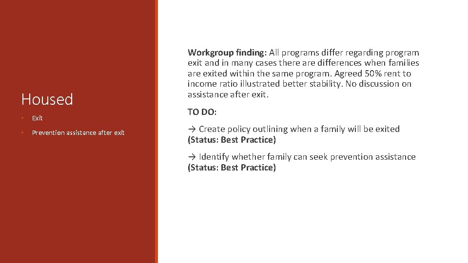 Housed • Exit • Prevention assistance after exit Workgroup finding: All programs differ regarding