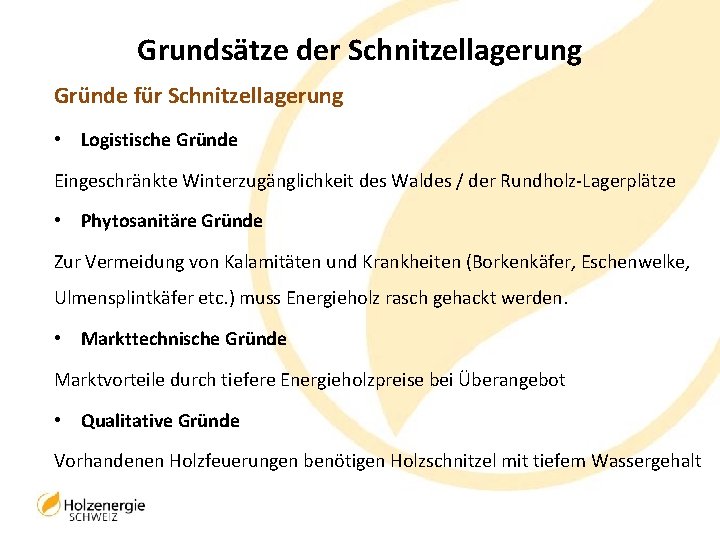 Grundsätze der Schnitzellagerung Gründe für Schnitzellagerung • Logistische Gründe Eingeschränkte Winterzugänglichkeit des Waldes /