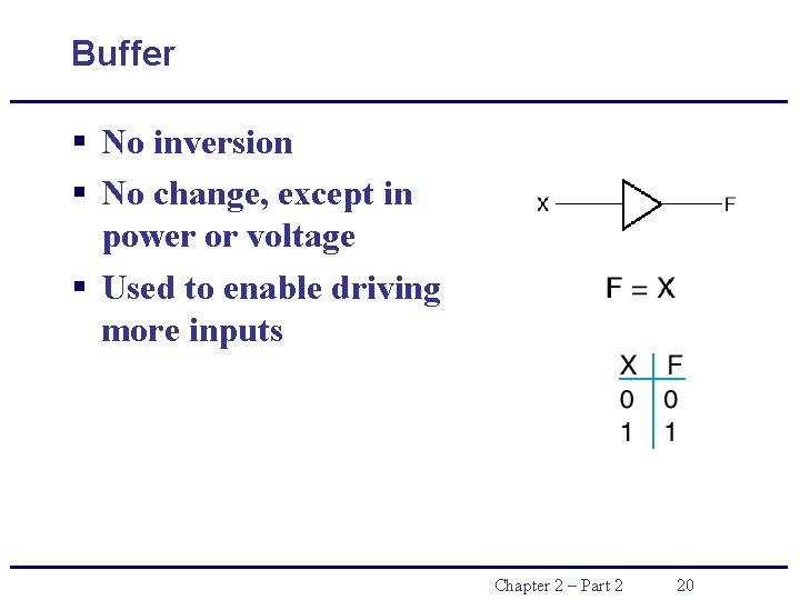 Buffer § No inversion § No change, except in power or voltage § Used Buffer § No inversion § No change, except in power or voltage § Used