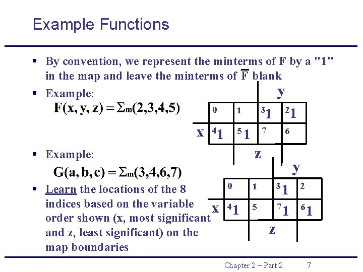 Example Functions § By convention, we represent the minterms of F by a "1" Example Functions § By convention, we represent the minterms of F by a "1"