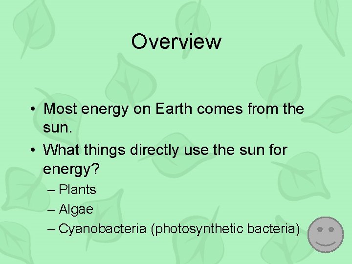 Overview • Most energy on Earth comes from the sun. • What things directly