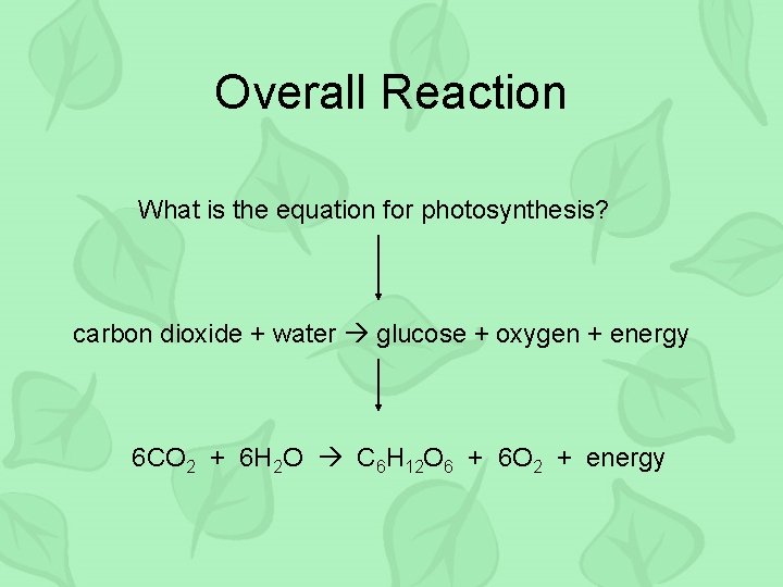 Overall Reaction What is the equation for photosynthesis? carbon dioxide + water glucose +