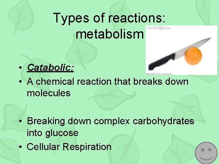 Types of reactions: metabolism • Catabolic: • A chemical reaction that breaks down molecules
