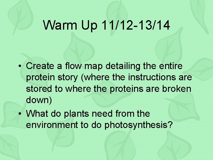 Warm Up 11/12 -13/14 • Create a flow map detailing the entire protein story