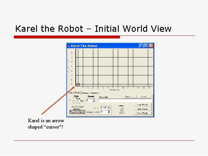Karel the Robot – Initial World View Karel is an arrow shaped “cursor”! 