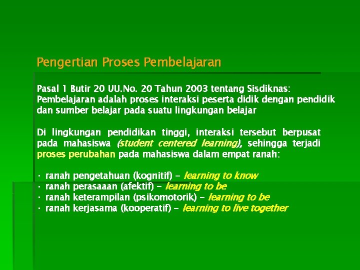 Pengertian Proses Pembelajaran Pasal 1 Butir 20 UU. No. 20 Tahun 2003 tentang Sisdiknas: