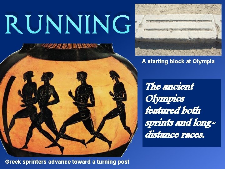 Running A starting block at Olympia The ancient Olympics featured both sprints and longdistance