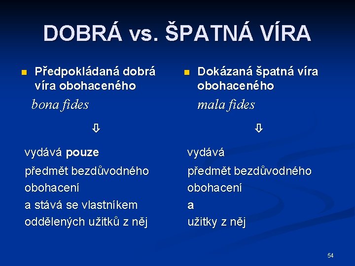 DOBRÁ vs. ŠPATNÁ VÍRA n Předpokládaná dobrá víra obohaceného bona fides n Dokázaná špatná